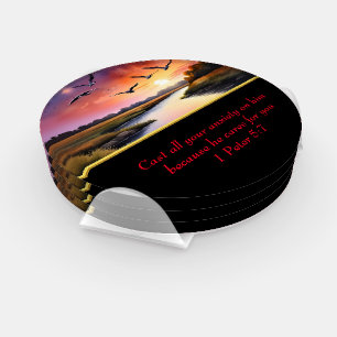 1 Peter 5:7 Christian Faith moutain lake Coaster Set