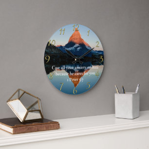 1 Peter 5:7 Christian Faith moutain lake Large Clock