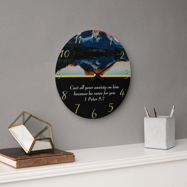 1 Peter 5:7 Christian Faith moutain lake  Large Clock (Office)