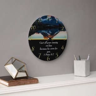1 Peter 5:7 Christian Faith moutain lake Large Clock