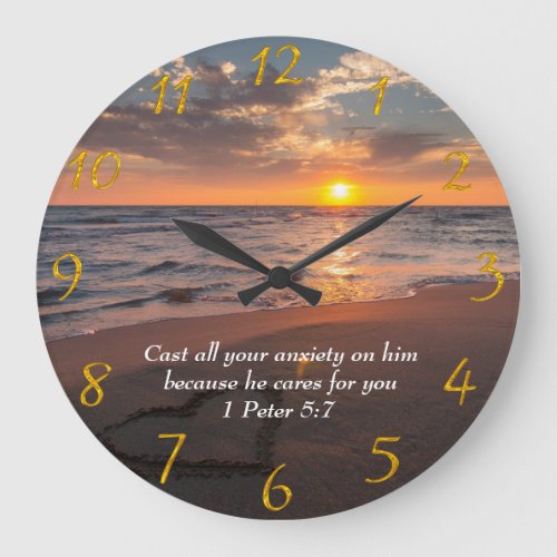 1 Peter 57 Christian ocean with a sunset  Large Clock