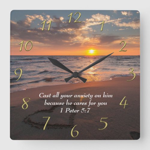 1 Peter 57 Christian ocean with a sunset  Square Wall Clock