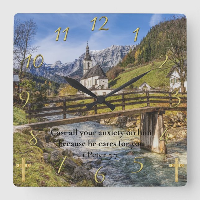 1 Peter 5:7 church near the moutain Square Wall Clock (Front)