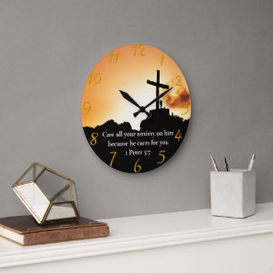 1 Peter 5:7 cross on a mountain  Large Clock