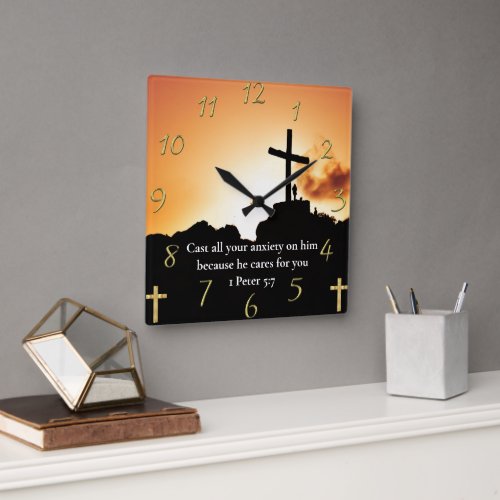1 Peter 57 cross on a mountain  Square Wall Clock