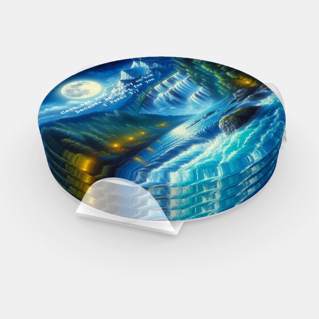 1 Peter 5:7 Gold Christian Faith Prayer Coaster Set (Set)