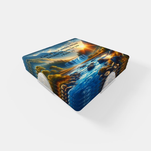 1 Peter 5:7 Gold Christian Faith Prayer Coaster Set (Set)