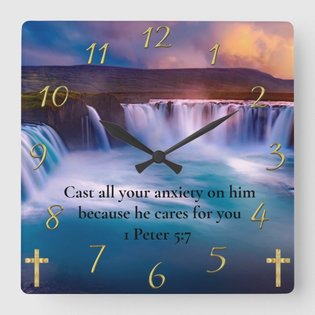 1 Peter 5:7 Gold Christian Faith Prayer Square Wall Clock (Front)