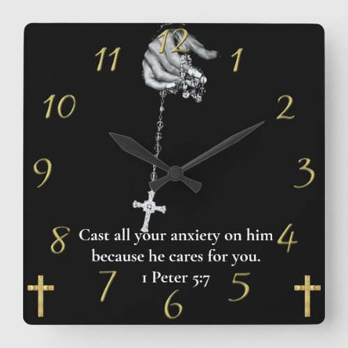 1 Peter 57 hand holding cross Square Wall Clock