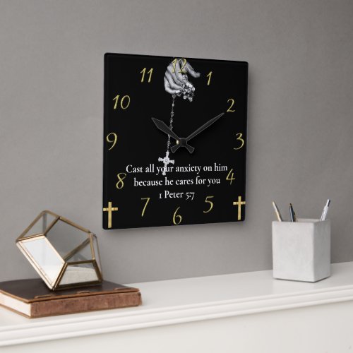  1 Peter 57 hand holding cross Square Wall Clock