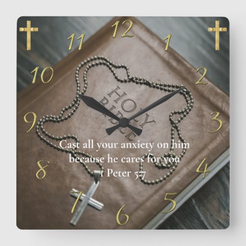 1 Peter 57 Holy Bible with cross Square Wall Clock