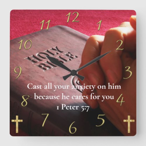 1 Peter 57 holy bible with hands Square Wall Clock