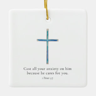 1 Peter 5:7 Minimalist Cross Ceramic Ornament