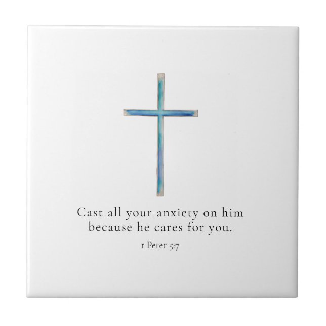 1 Peter 5:7 Minimalist Cross Ceramic Tile (Front)