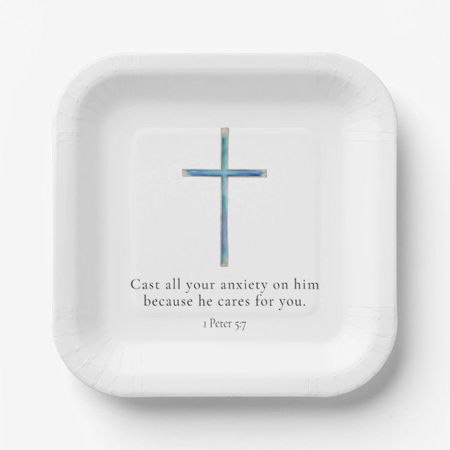 1 Peter 5:7 Minimalist Cross Paper Plates (Front)