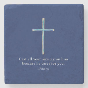 1 Peter 5:7 Minimalist Cross Stone Coaster