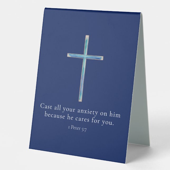 1 Peter 5:7 Minimalist Cross Table Tent (Front)