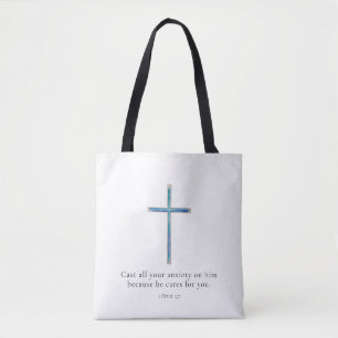 1 Peter 5:7 Minimalist Cross Tote Bag