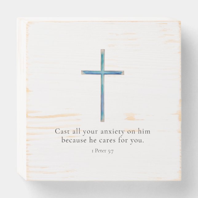 1 Peter 5:7 Minimalist Cross Wooden Box Sign (Front Horizontal)