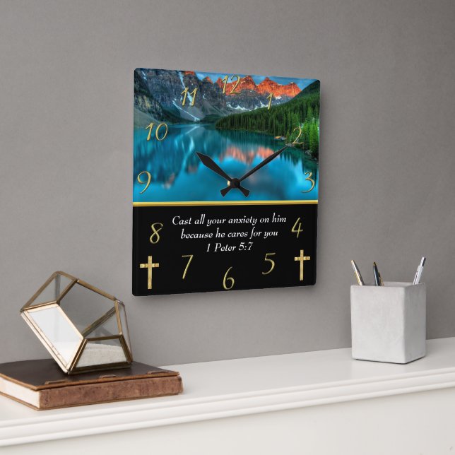1 Peter 5:7 moutain lake Square Wall Clock (Office)