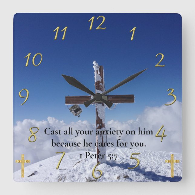 1 Peter 5:7 moutain peak cross Square Wall Clock (Front)