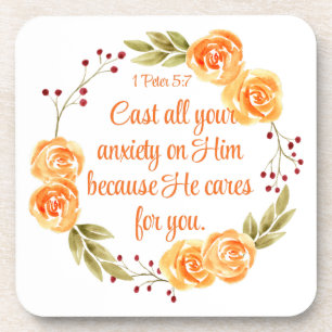1 Peter 5:7 Orange Floral Bible Scripture Beverage Coaster