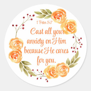 1 Peter 5:7 Orange Floral Bible Scripture Classic Round Sticker