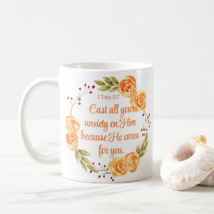 1 Peter 5:7 Orange Floral Bible Scripture Coffee Mug