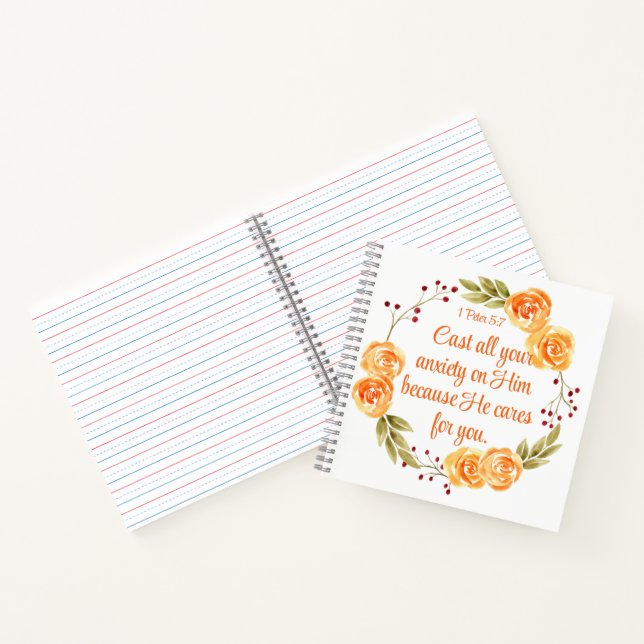 1 Peter 5:7 Orange Floral Bible Scripture Notebook (Inside)