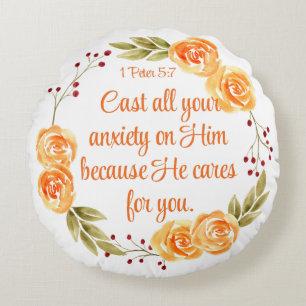 1 Peter 5:7 Orange Floral Bible Scripture Round Pillow