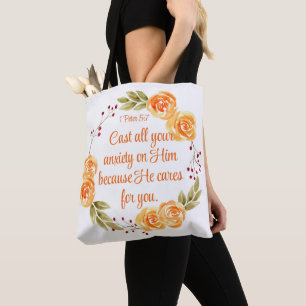 1 Peter 5:7 Orange Floral Bible Scripture Tote Bag