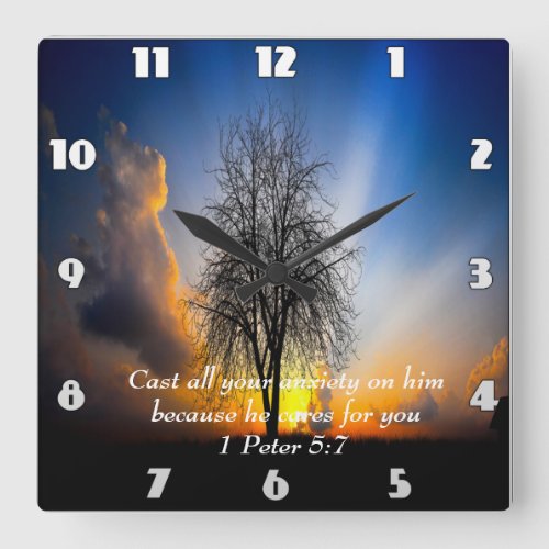 1 Peter 57 tree in a field with blue sky Square Wall Clock