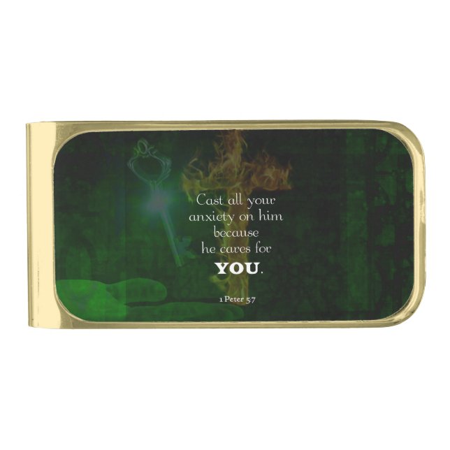 1 Peter 5:7 Uplifting Bible Verses Quote Gold Finish Money Clip (Front)