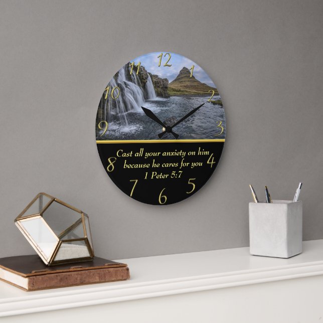 1 Peter 5:7 waterfalls in valley  Large Clock (Office)