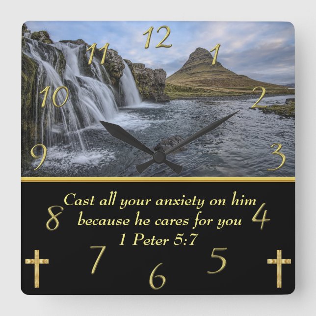 1 Peter 5:7 waterfalls in valley Square Wall Clock (Front)