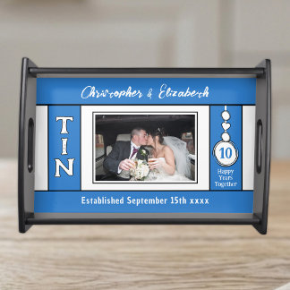 1 photo 10 year anniversary names blue serving tray
