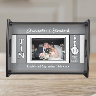 1 photo 10 year anniversary names grey serving tray