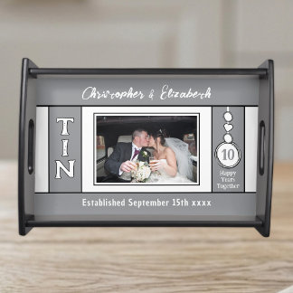 1 photo 10 year anniversary names grey serving tray