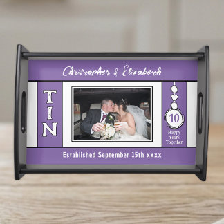 1 photo 10 year anniversary names purple serving tray