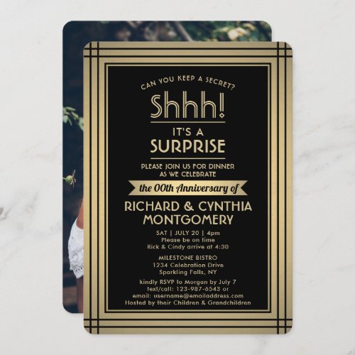 1 Photo Anniversary Surprise Party Black and Gold Invitation