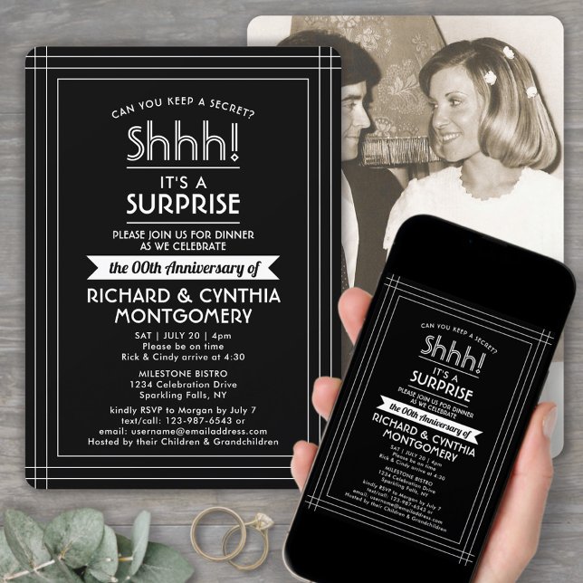 1 Photo Anniversary Surprise Party Black and White Invitation (Creator Uploaded)