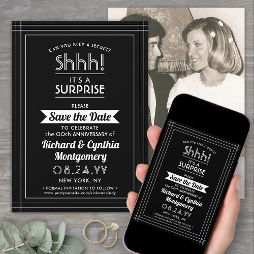 1 Photo Anniversary Surprise Party Black and White Save The Date