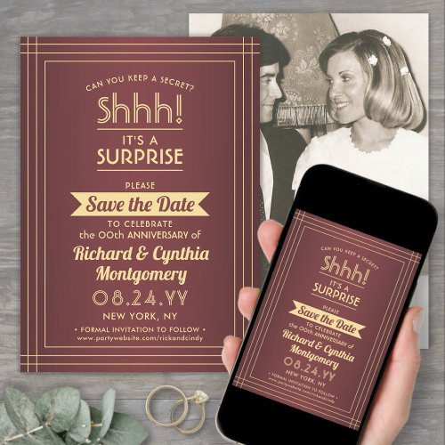 1 Photo Anniversary Surprise Party Burgundy  Gold Save The Date