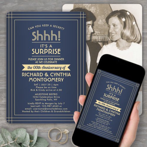 1 Photo Anniversary Surprise Party Navy Blue Gold Invitation