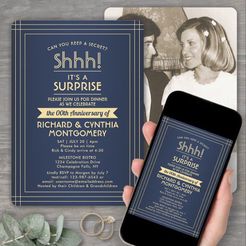 1 Photo Anniversary Surprise Party Navy Blue Gold Invitation