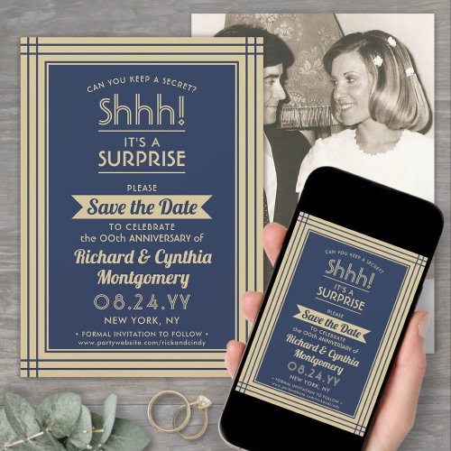 1 Photo Anniversary Surprise Party Navy Blue Gold Save The Date