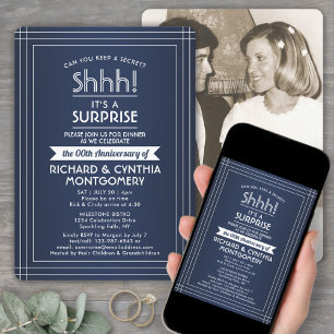 1 Photo Anniversary Surprise Party Navy Blue White Invitation
