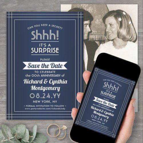 1 Photo Anniversary Surprise Party Navy Blue White Save The Date