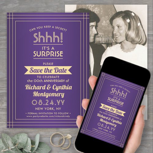 1 Photo Anniversary Surprise Party Purple and Gold Save The Date