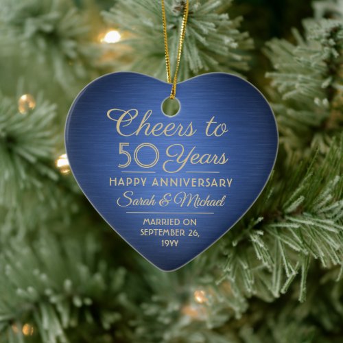 1 Photo ANY Anniversary Cheers Blue and Gold Heart Ceramic Ornament